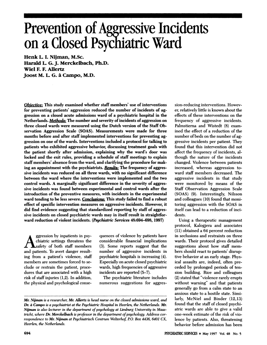 Pdf Prevention Of Aggressive Incidents On A Closed Psychiatric Ward