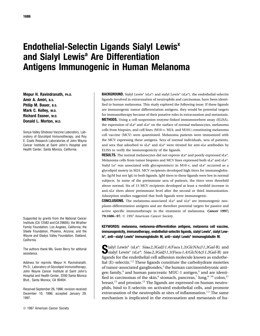 Pdf Endothelial Selectin Ligands Sialyl Lewis X And Sialyl Lewis A Are Differentiation Antigens Immunogenic In Human Melanoma