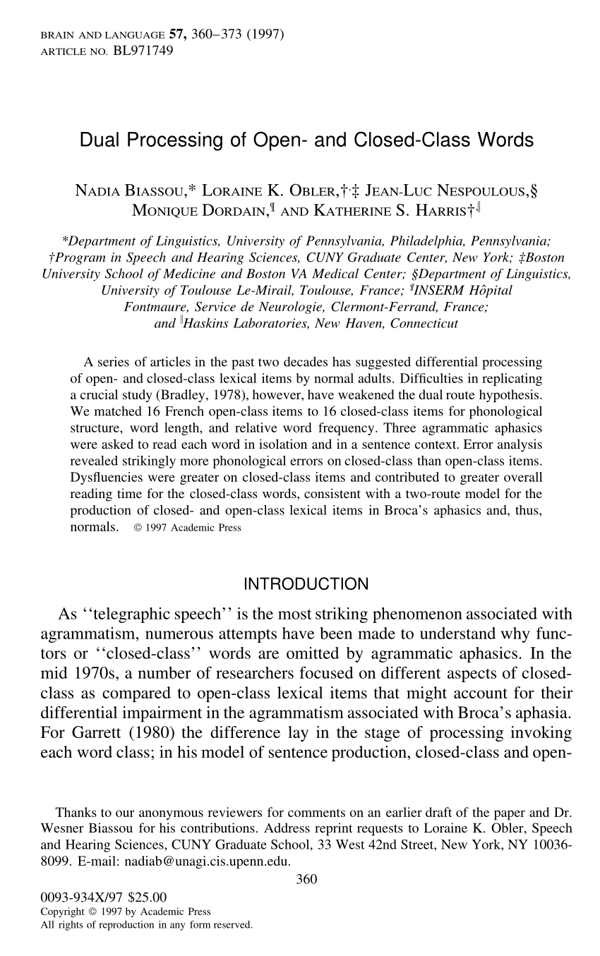 Open-class and Closed-class Words