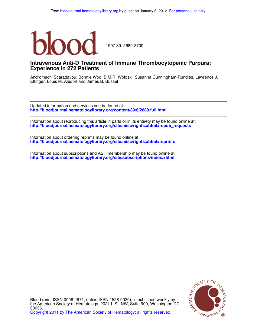 Pdf Intravenous Anti D Treatment Of Immune Thrombocytopenic Purpura Experience In 272 Patients