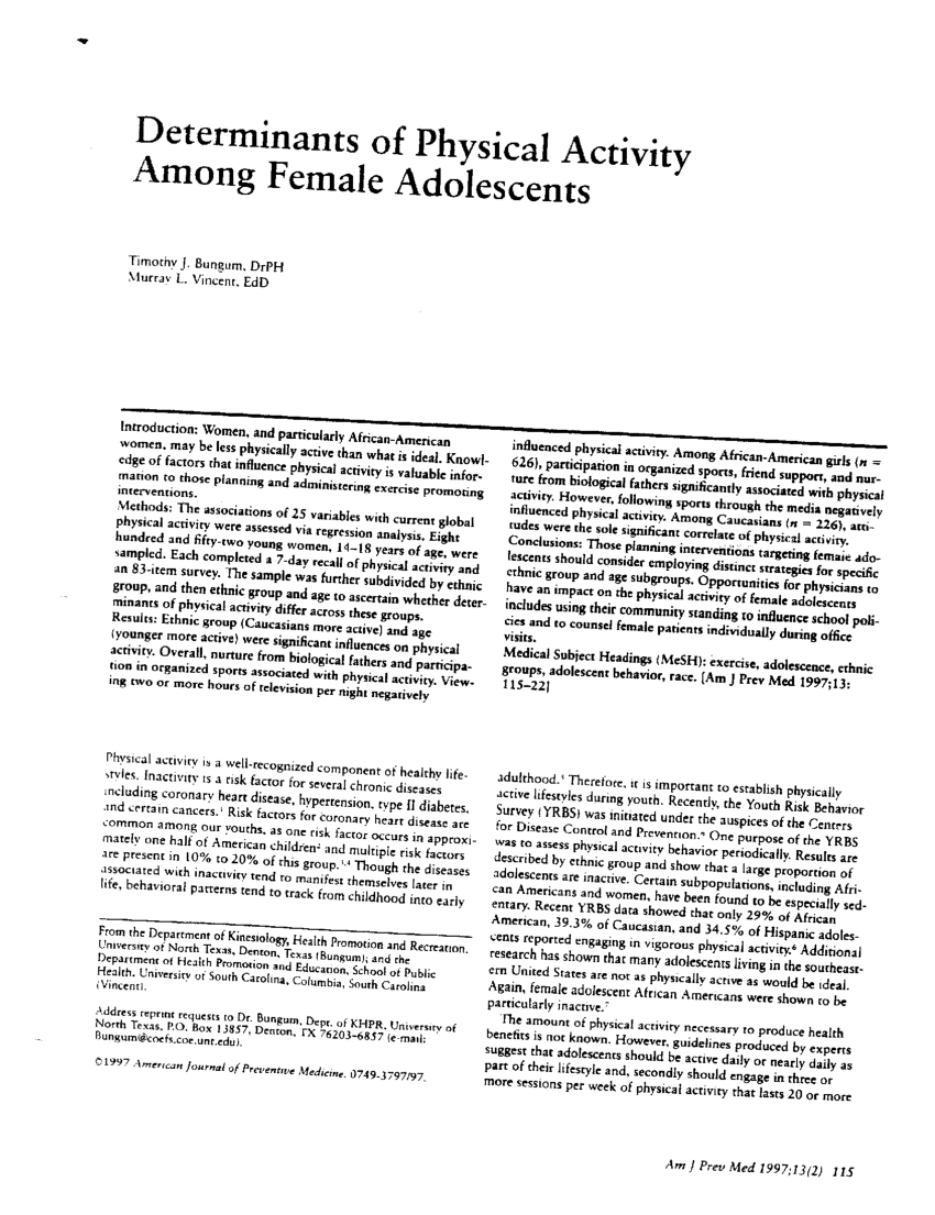 Pdf Determinants Of Physical Activity Among Female Adolescents