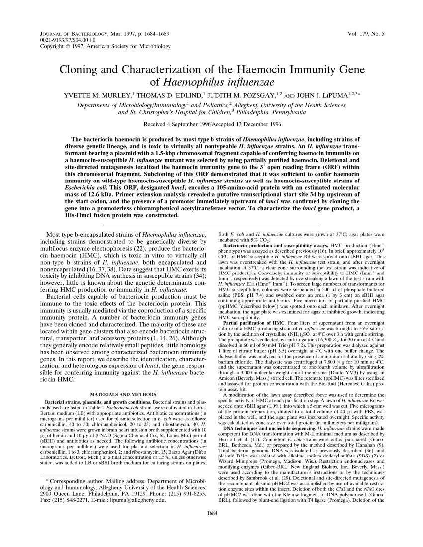 PDF) Cloning and characterization of the haemocin immunity gene of ...