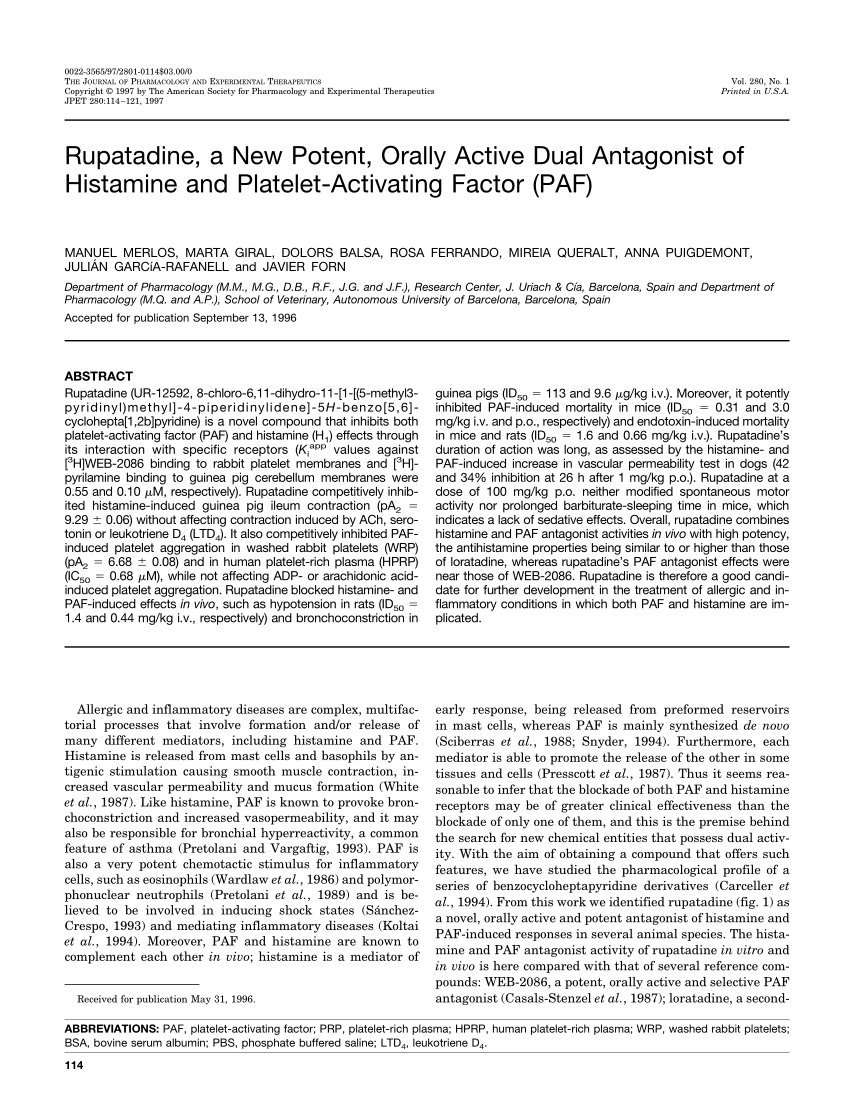 Pdf Rupatadine A New Potent Orally Active Dual Antagonist Of Histamine And Platelet Activating Factor Paf
