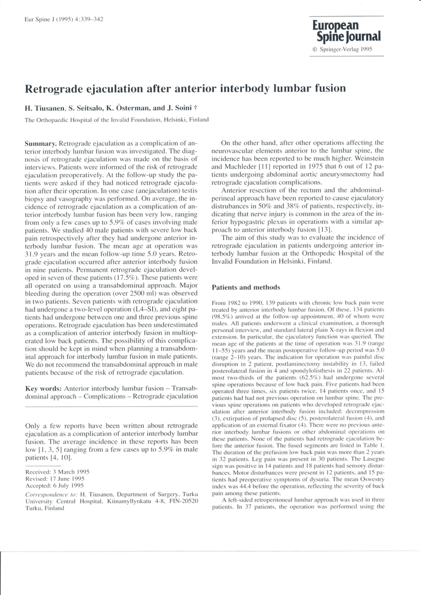 PDF Retrograde ejaculation after anterior interbody lumbar fusion