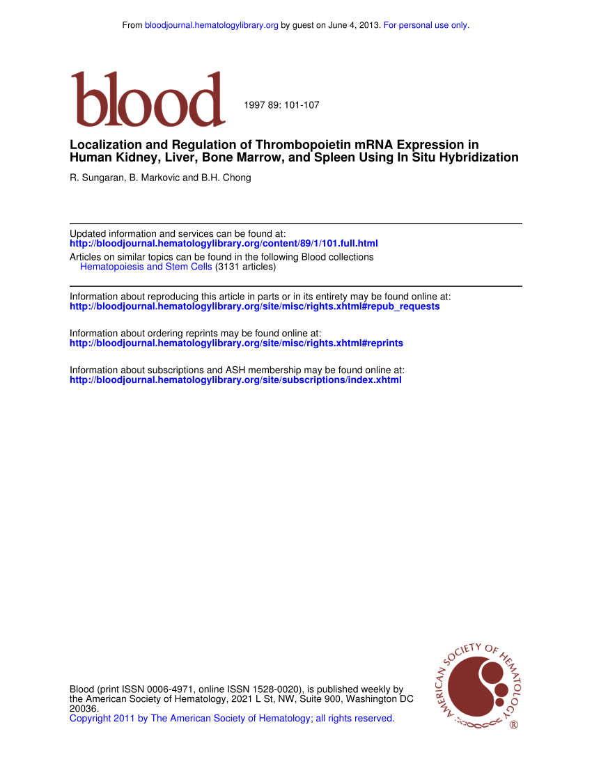 Pdf Localization And Regulation Of Thrombopoietin Mrna Expression In Human Kidney Liver Bone Marrow And Spleen Using In Situ Hybridization
