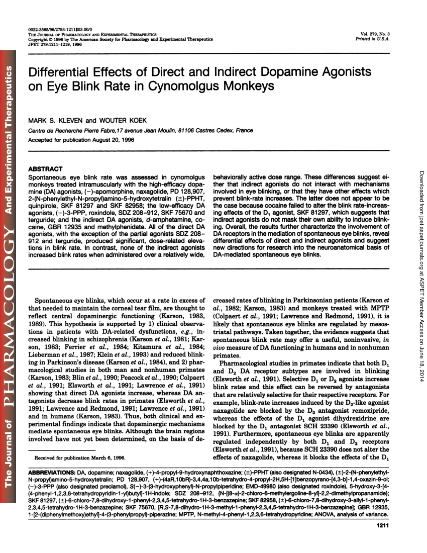 Pdf Differential Effects Of Direct And Indirect Dopamine Agonists On Eye Blink Rate In Cynomolgus Monkeys