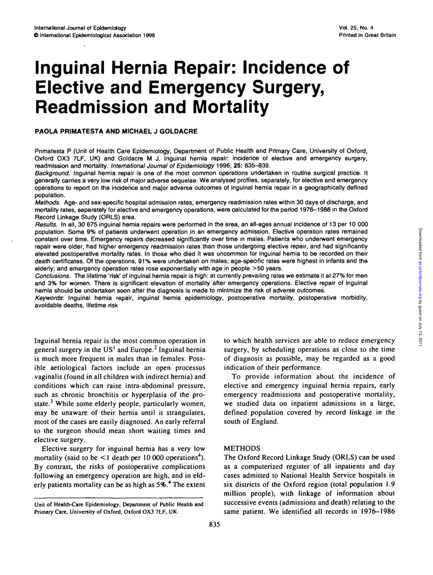 Pdf Inguinal Hernia Repair Incidence Of Elective And Emergency Surgery Readmission And Mortality 