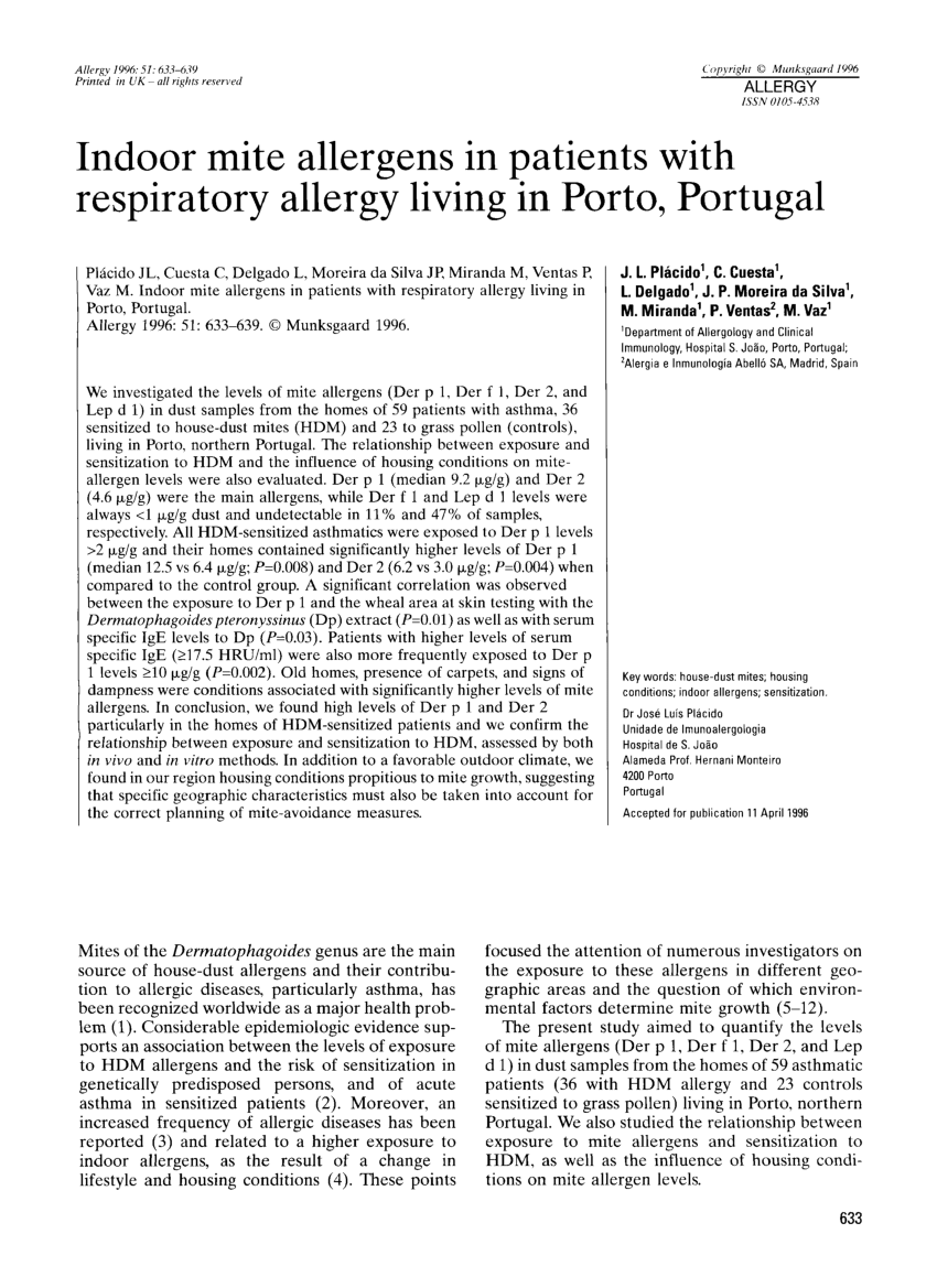 Pdf Indoor Mite Allergens In Patients With Respiratory Allergy Living In Porto Portugal