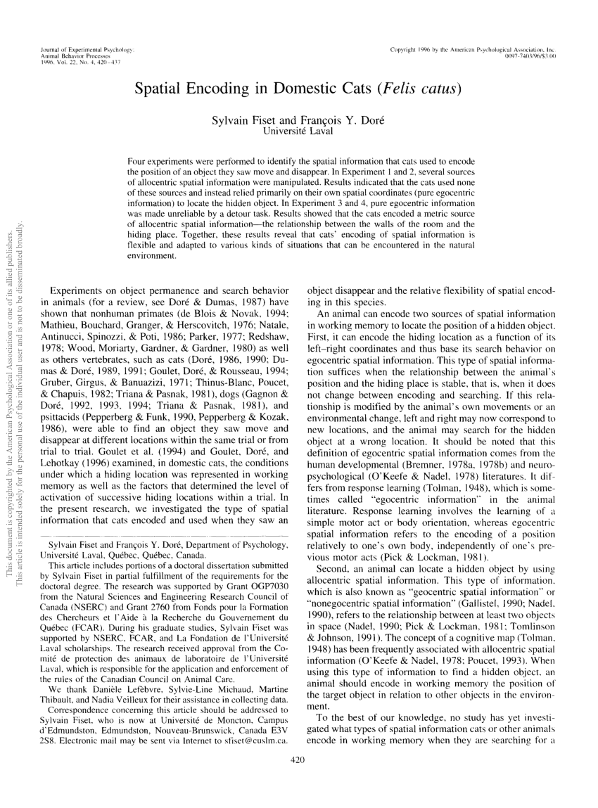 (PDF) Spatial Encoding in Domestic Cats (Felis catus )