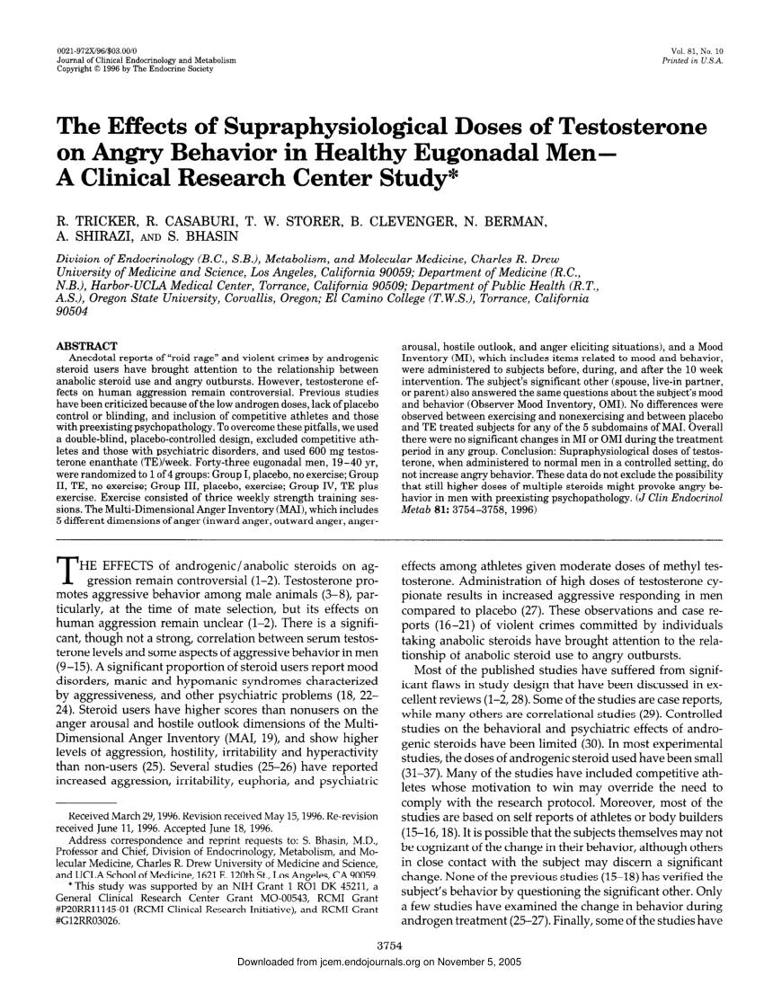 Pdf The Effects Of Supraphysiological Doses Of Testosterone On Angry Behavior In Healthy Eugonadal Men A Clinical Research Center Study