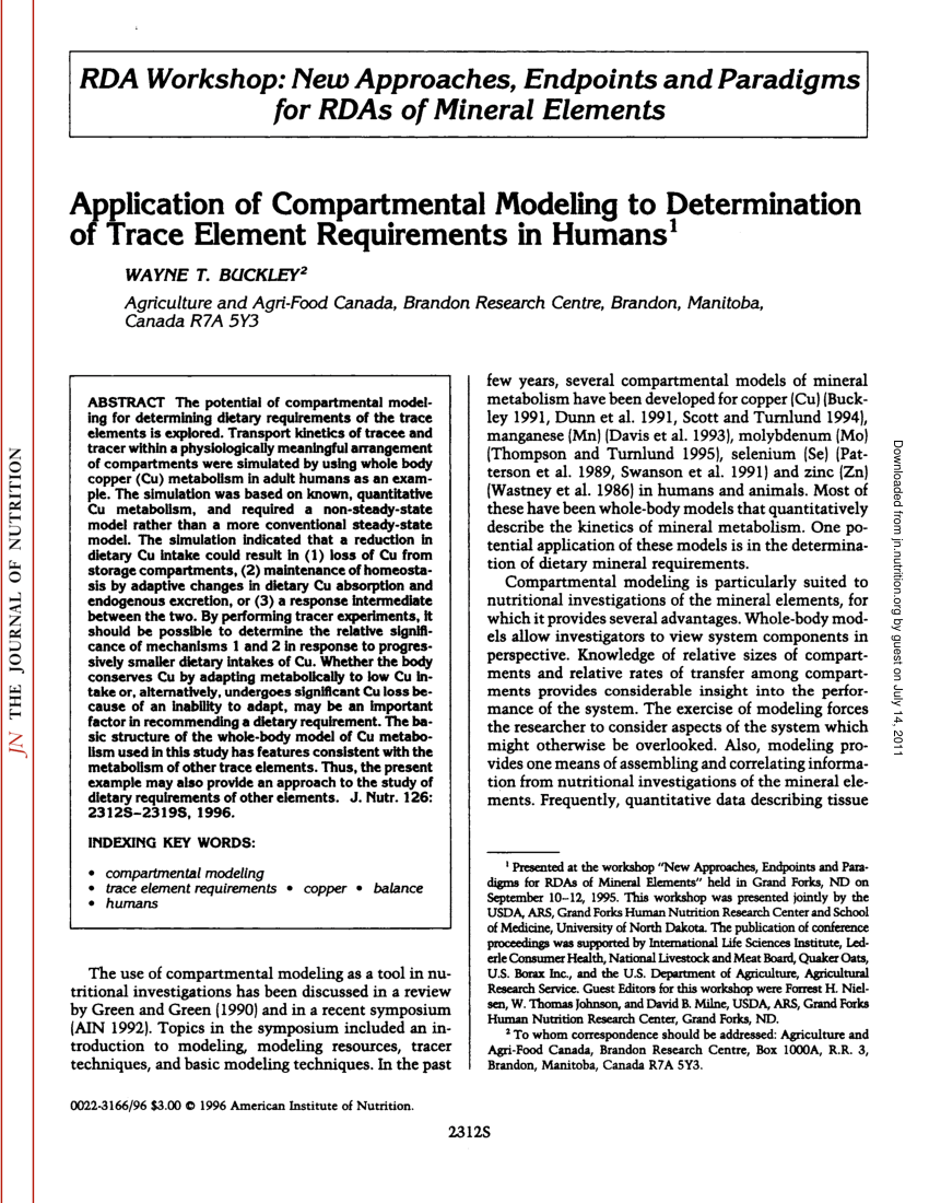 Pdf Application Of Compartmental Modeling To Determination Of Trace Element Requirements In Humans