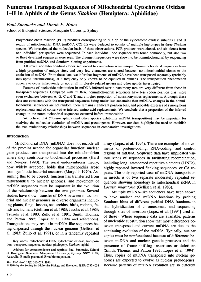 (PDF) Numerous Transposed Sequences of Mitochondrial Cytochrome Oxidase