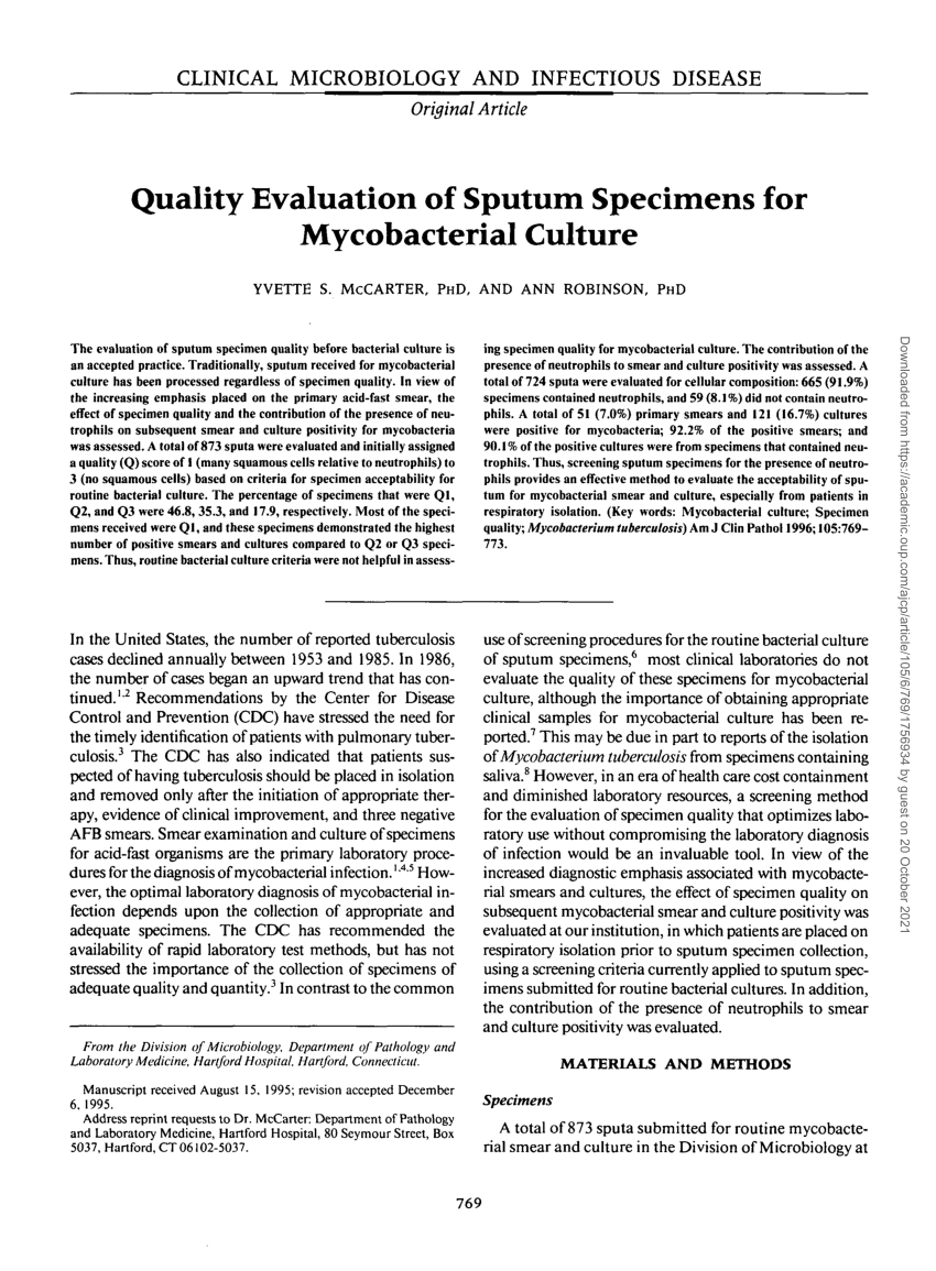 (PDF) Quality Evaluation of Sputum Specimens for Mycobacterial Culture