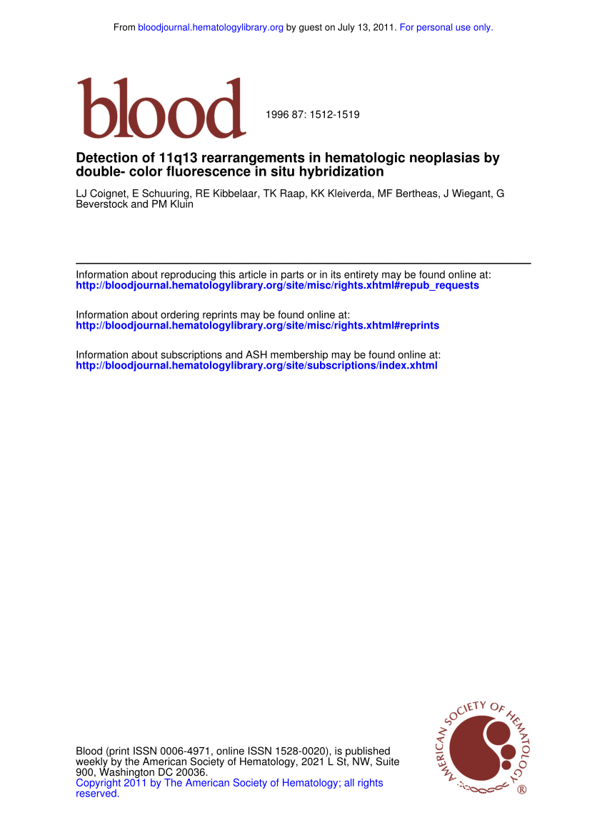 Pdf Detection Of 11q13 Rearrangements In Hematologic Neoplasias By Double Color Fluorescence In Situ Hybridization