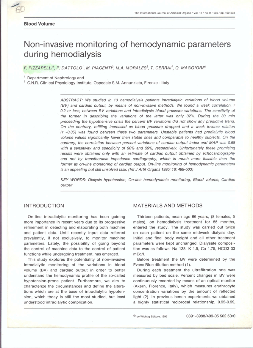 Pdf Non Invasive Monitoring Of Hemodynamic Parameters During Hemodialysis