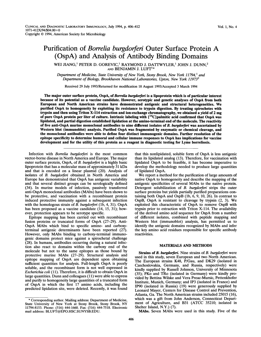 Pdf Purification Of Borrelia Burgdorferi Outer Surface Protein A Ospa And Analysis Of 4976