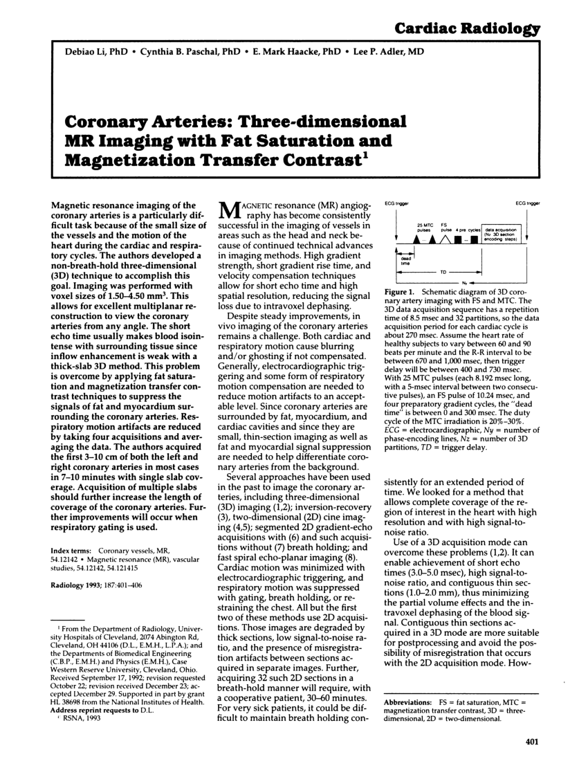 PDF) Coronary arteries: Three-dimensional MR imaging with fat