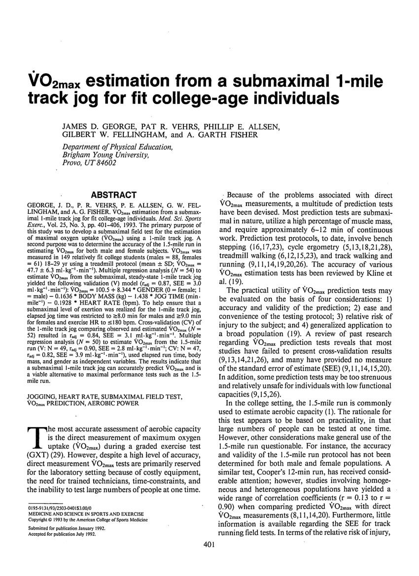 Pdf Vo2 Max Estimation From A Submaximal 1 Mile Track Jog For Fit