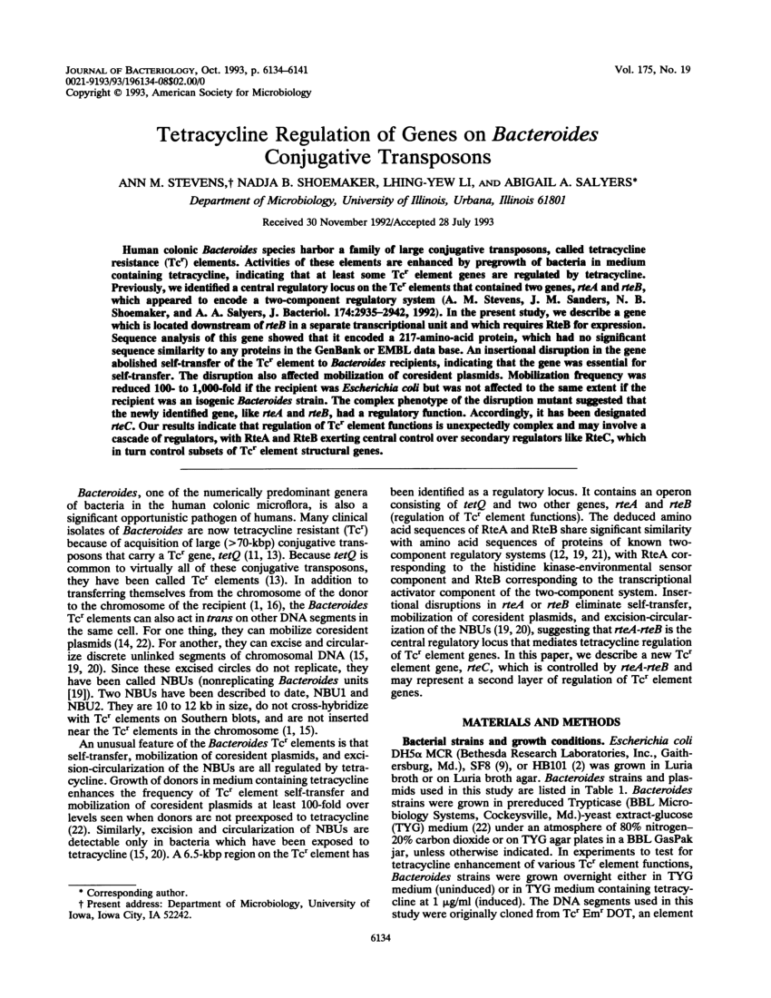 Pdf Tetracycline Regulation Of Genes On Bacteroides Conjugative Transposons