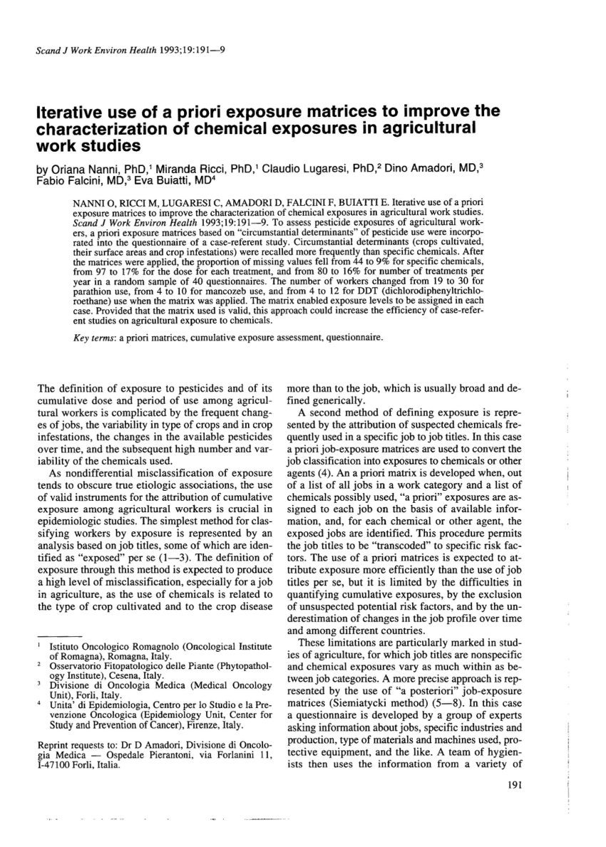 Pdf Iterative Use Of A Priori Exposure Matrices To Improve The Characterization Of Chemical Exposure In Agricultural Work Studies