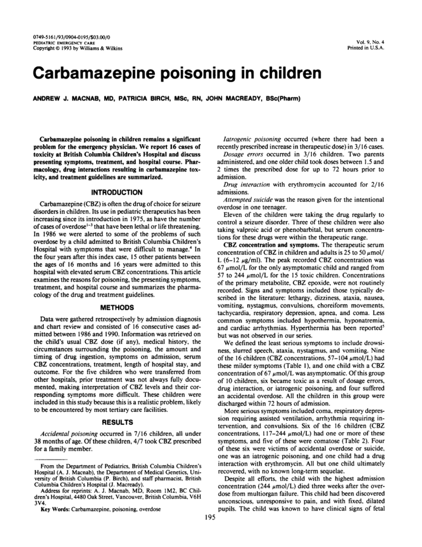 Pdf Carbamazepine Poisoning In Children