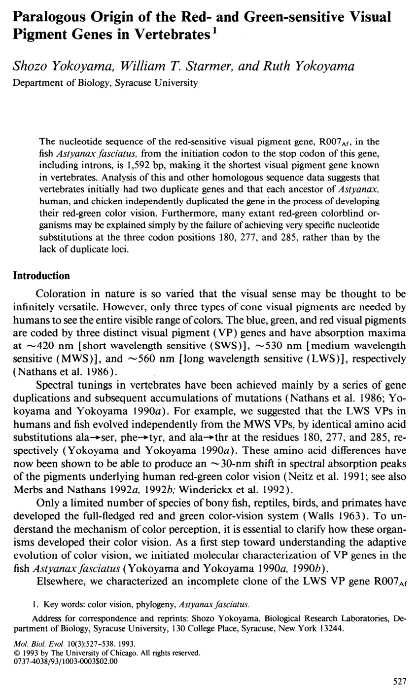 (PDF) Paralogous origin of the red- and green-sensitive visual pigment