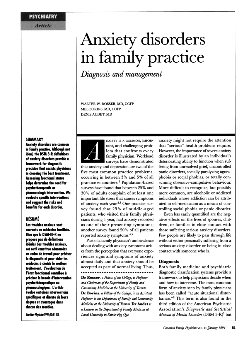 PDF) Anxiety disorders in family practice. Diagnosis and management