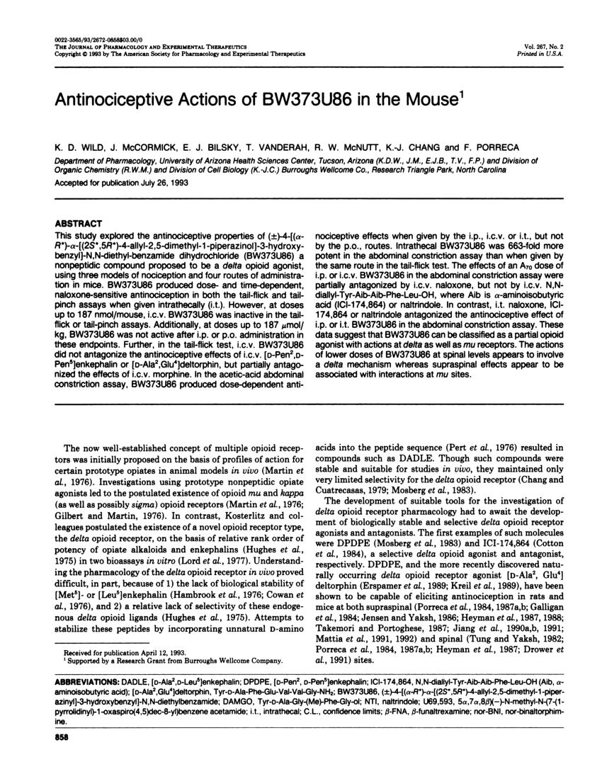 Pdf Antinociceptive Actions Of Bw373u86 In The Mouse