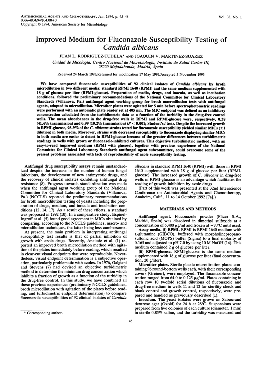 Pdf Improved Medium For Fluconazole Susceptibility Testing Of Candida Albicans 