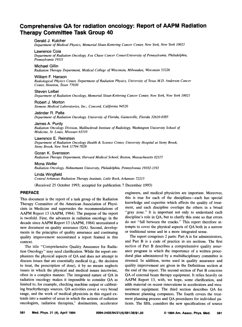 (PDF) Comprehensive QA for radiation oncology Report of AAPM Task Group 40