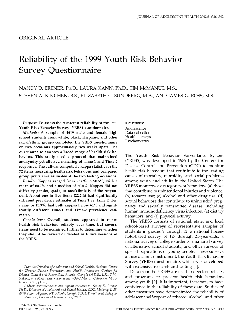 Pdf Reliability Of The Youth Risk Behavior Survey Questionnaire