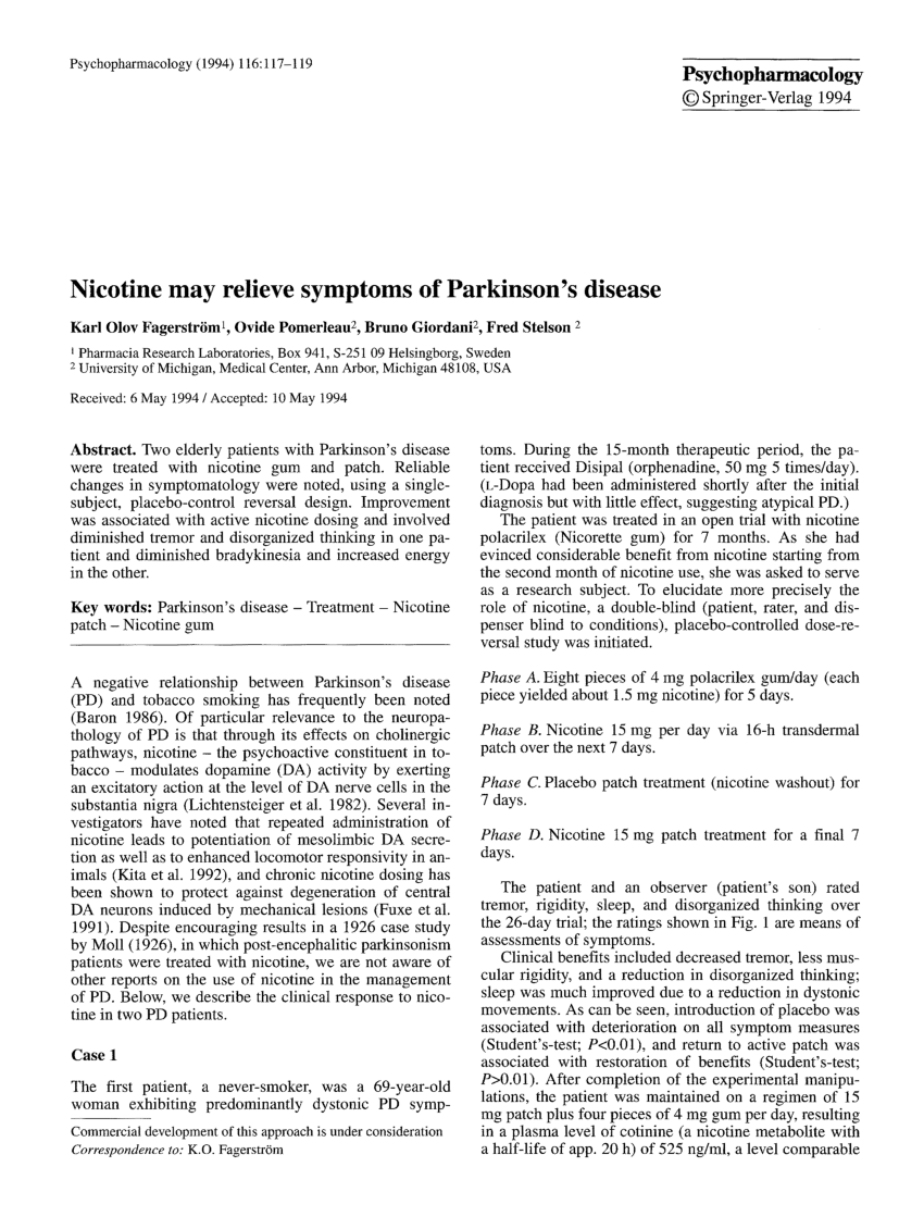 Transdermal Nicotine Treatment and Progression of Early