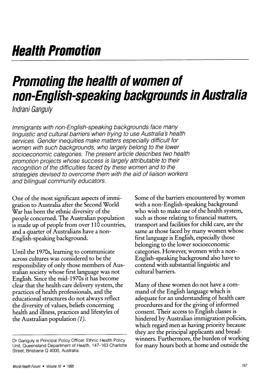 PDF) Promoting the health of women of non-English-speaking backgrounds in  Australia