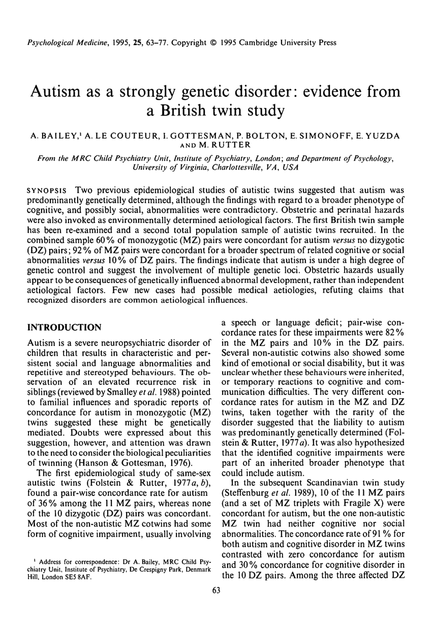 Pdf Autism As A Strongly Genetic Disorder Evidence From A British Twin Study