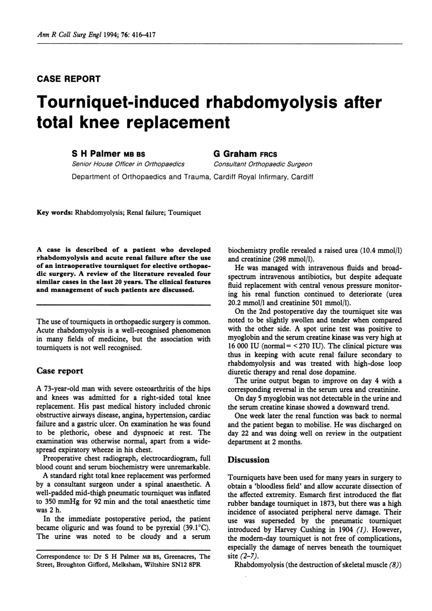 (PDF) Tourniquetinduced rhabdomyolysis after total knee replacement