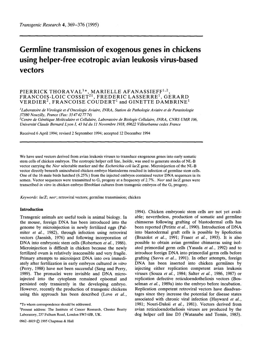 PDF) Germline transmission of exogenous genes in chickens using ...