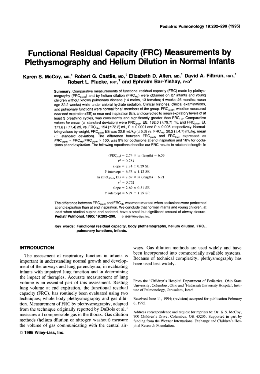 Pdf Functional Residual Capacity Frc Measurements By Plethysmography And Helium Dilution In Normal Infants