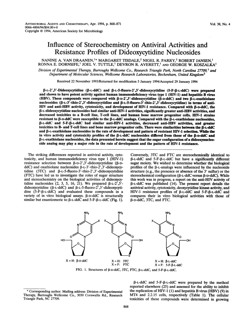 Pdf Influence Of Stereochemistry On Antiviral Activities And Resistance Profiles Of Dideoxycytidine Nucleosides