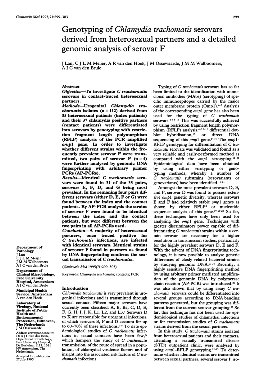 Pdf Genotyping Of Chlamydia Trachomatis Serovars Derived From Heterosexual Partners And A 