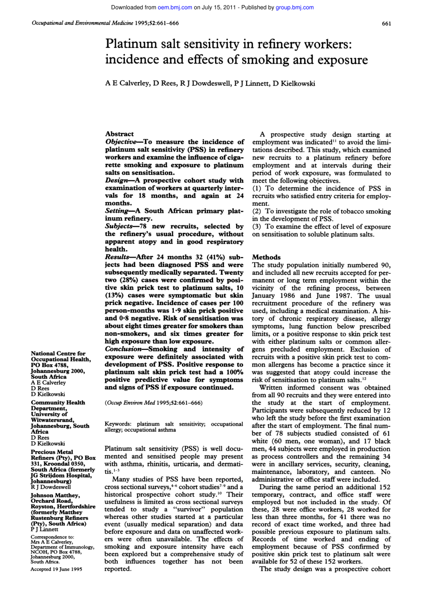 PDF Platinum salt sensitivity in refinery workers Incidence and