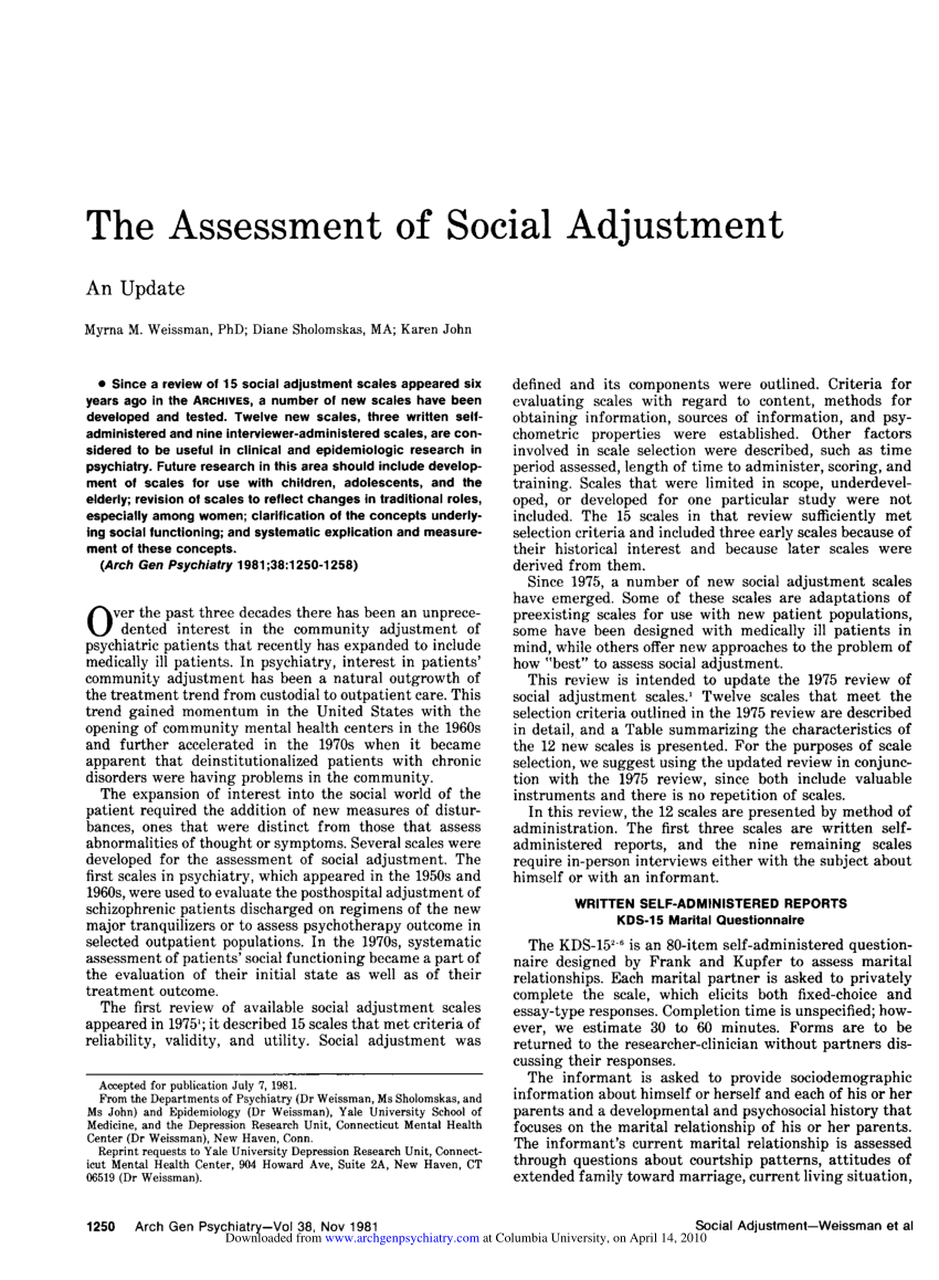 Pdf The Assessment Of Social Adjustment An Update