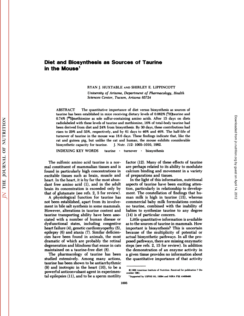 Pdf Diet And Biosynthesis As Sources Of Taurine In The Mouse