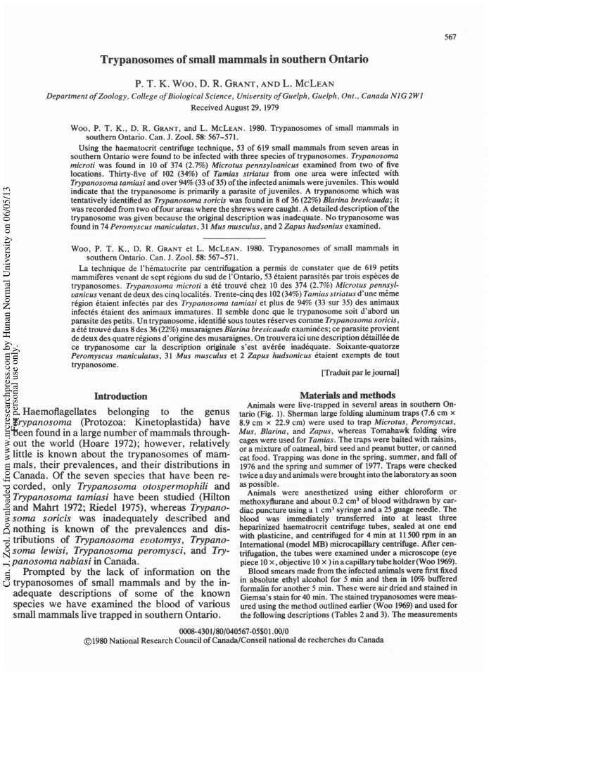 (PDF) Trypanosomes of small mammals in southern Ontario