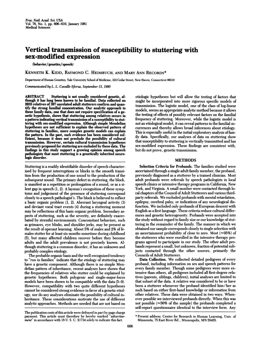 Pdf Vertical Transmission Of Susceptibility To Stuttering With Sex Modified Expression