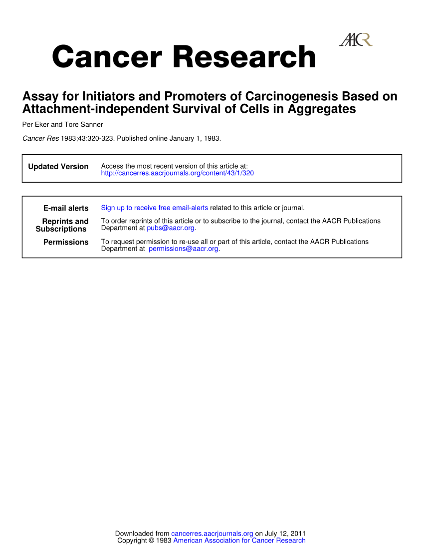 Pdf Assay For Initiators And Promoters Of Carcinogenesis Based On Attachment Independent Survival Of Cells In Aggregates
