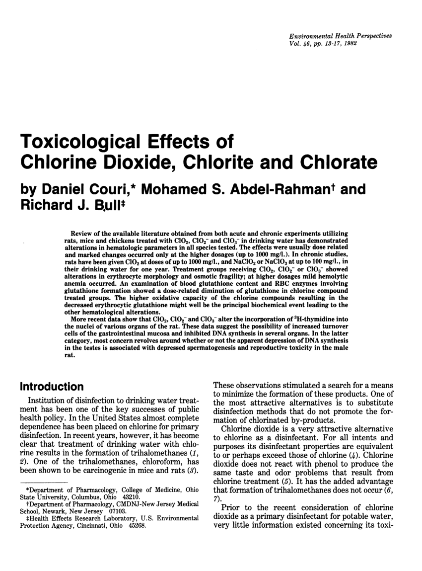 Pdf Toxicological Effects Of Chlorine Dioxide Chlorite And Chlorate