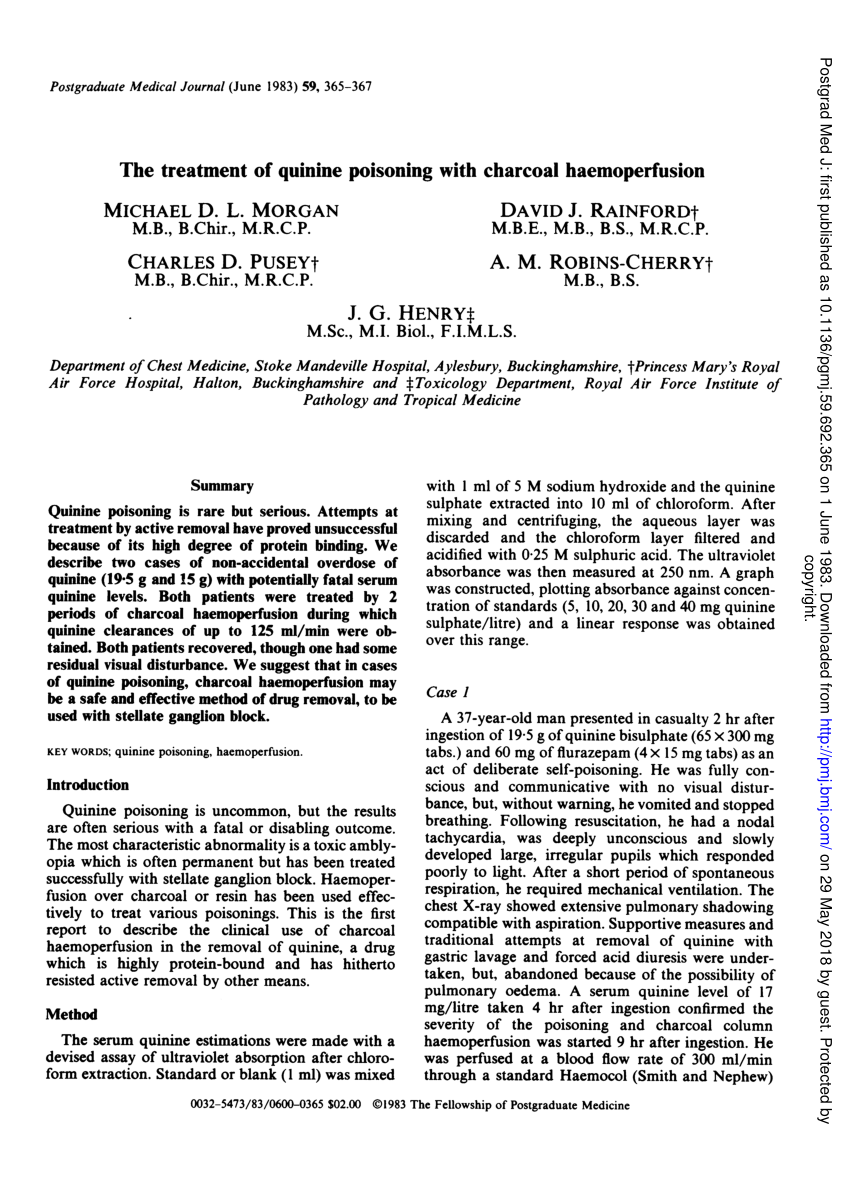 Pdf Treatment Of Quinine Poisoning With Charcoal Hemoperfusion