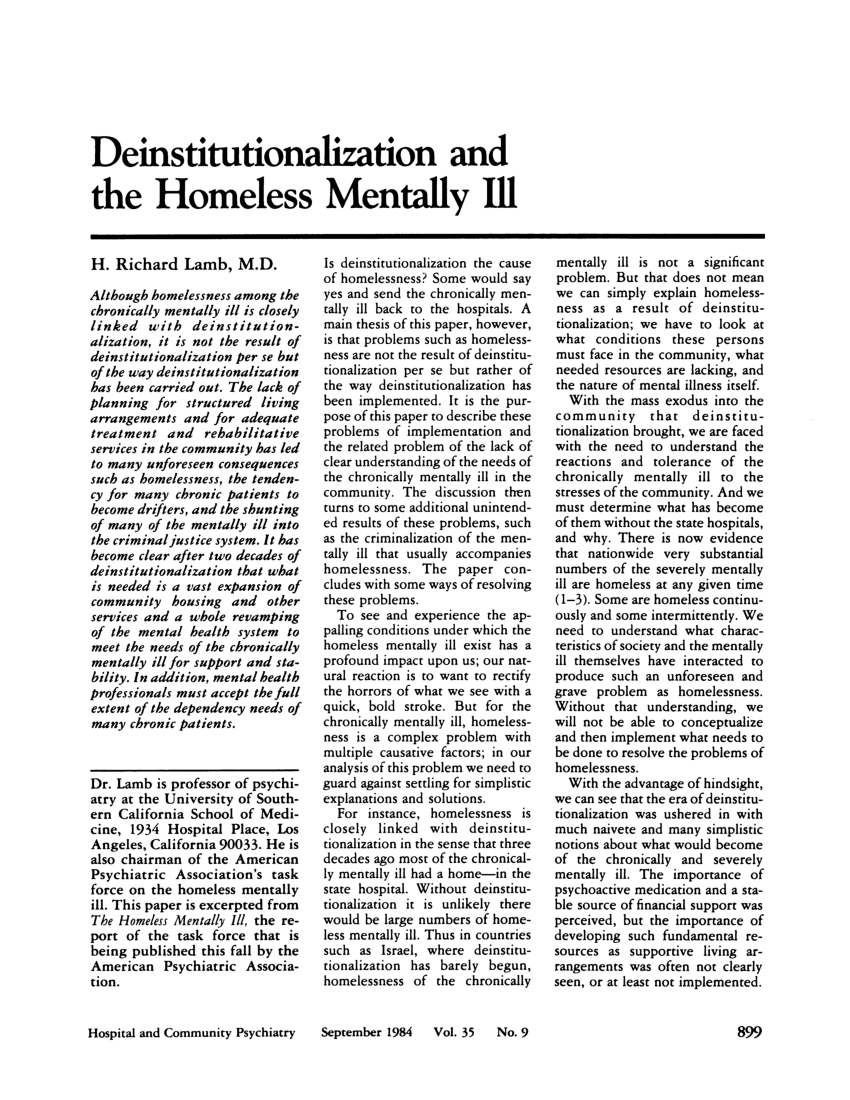 Pdf Deinstitutionalization And The Homeless Mentally Ill 