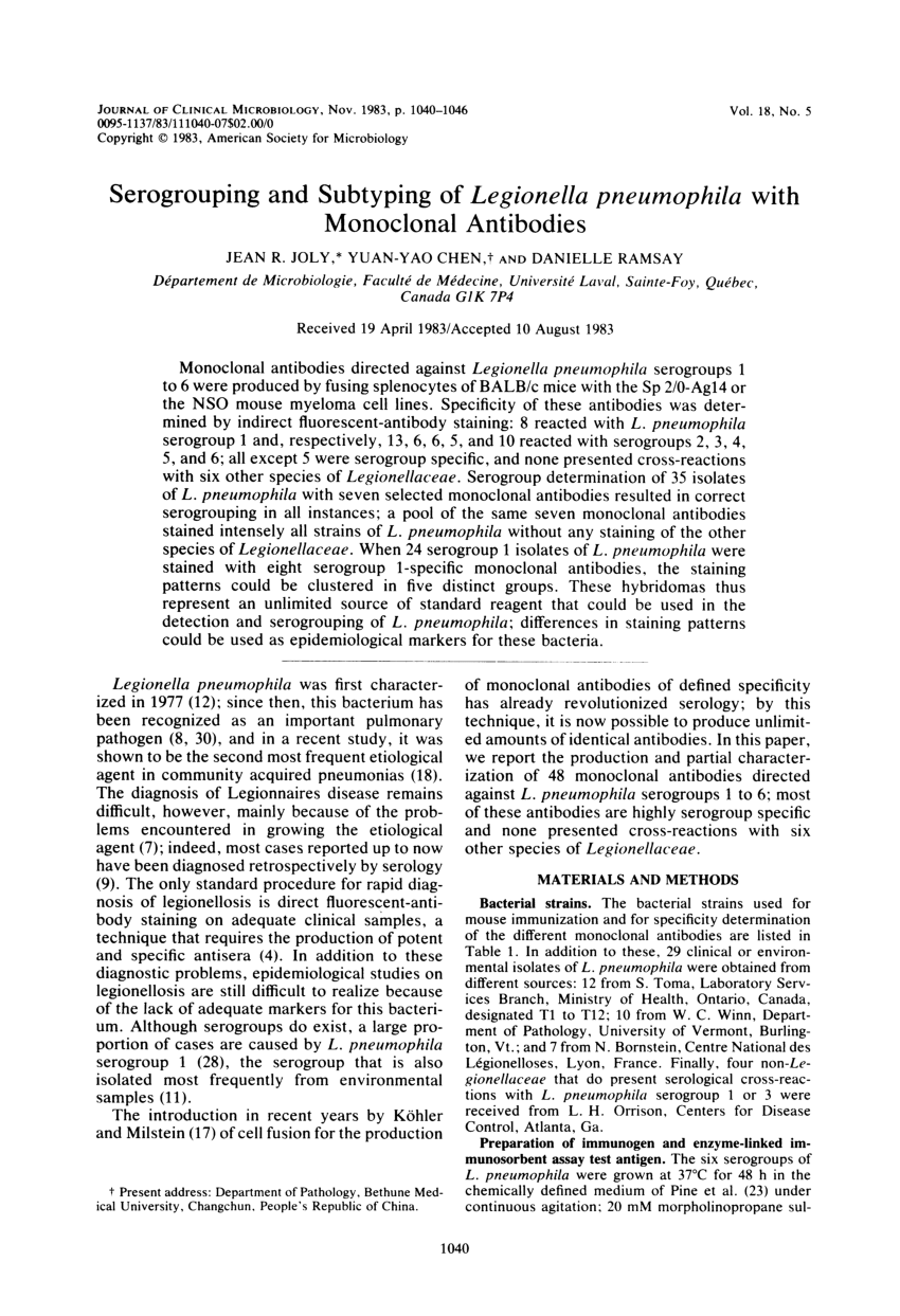 Pdf Serogrouping And Subtyping Of Legionella Pneumophila With Monoclonal Antibodies 9925