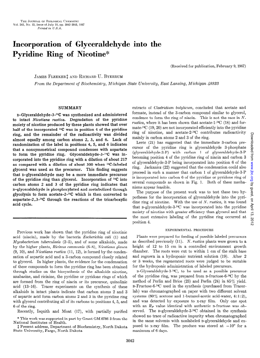 Pdf Incorporation Of Glyceraldehyde Into The Pyridine Ring Of Nicotine